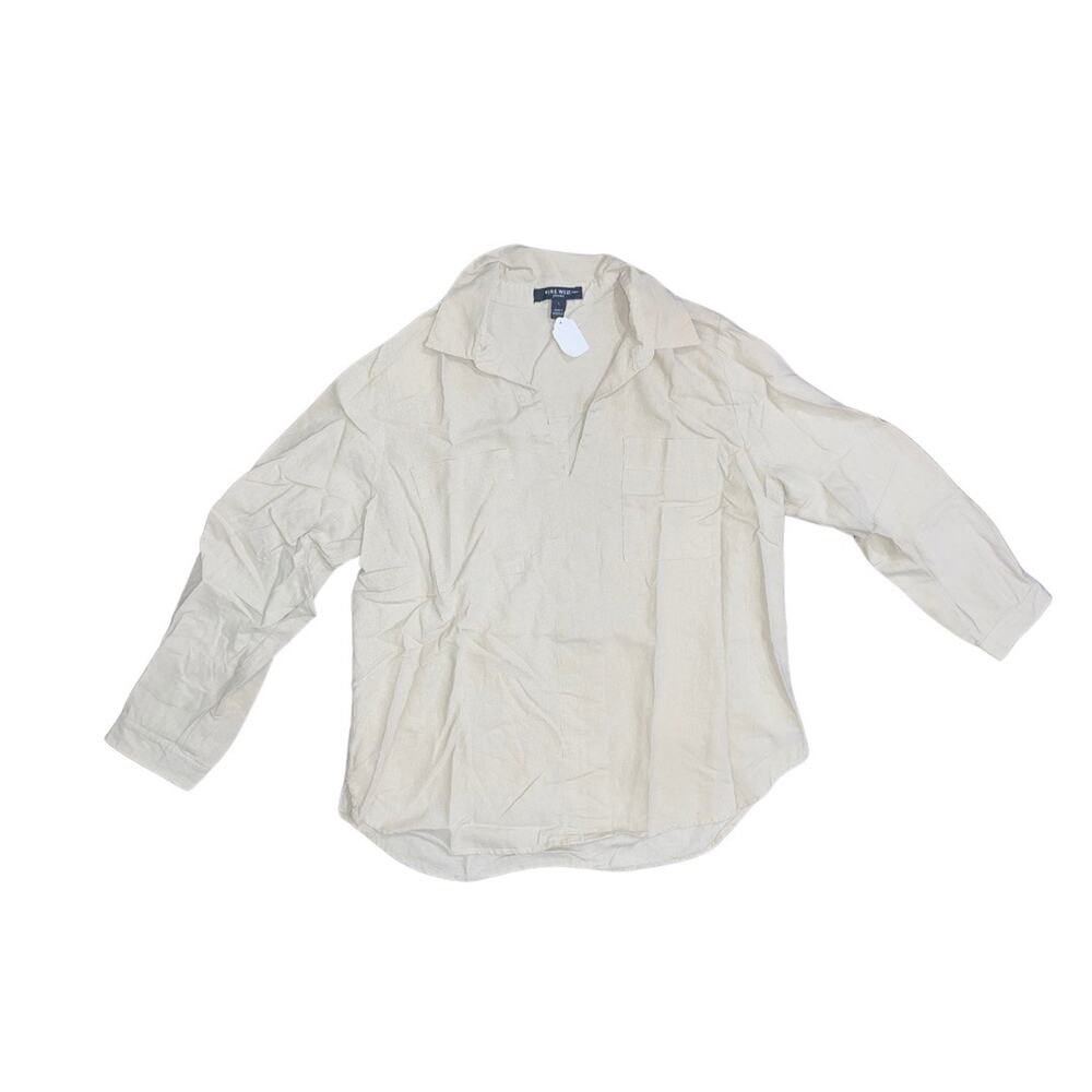Nine West Jeans Long Sleeve Linen Blend V-Neck Blouse Top SZ L Casual Lagenlook